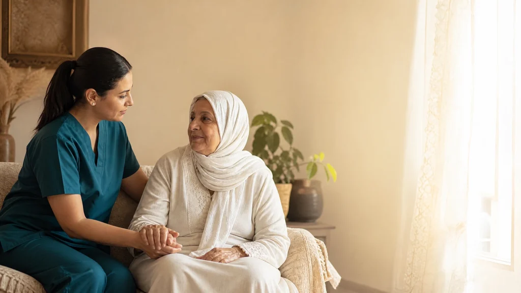 ممرضة تقدم رعاية منزلية باهتمام داخل منزل هادئ