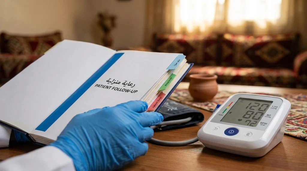 ممرض يمسك ملف متابعة المريض بجانب جهاز قياس الضغط على طاولة في البيت - تقارير التمريض المنزلي