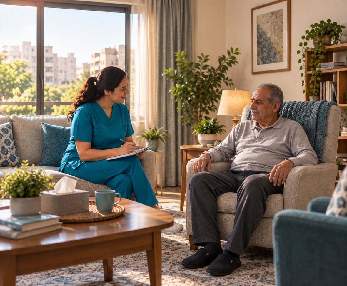 ممرضة منزلية تتابع حالة مريض كبير في السن داخل بيته ضمن خدمة التمريض المنزلي 24 ساعة