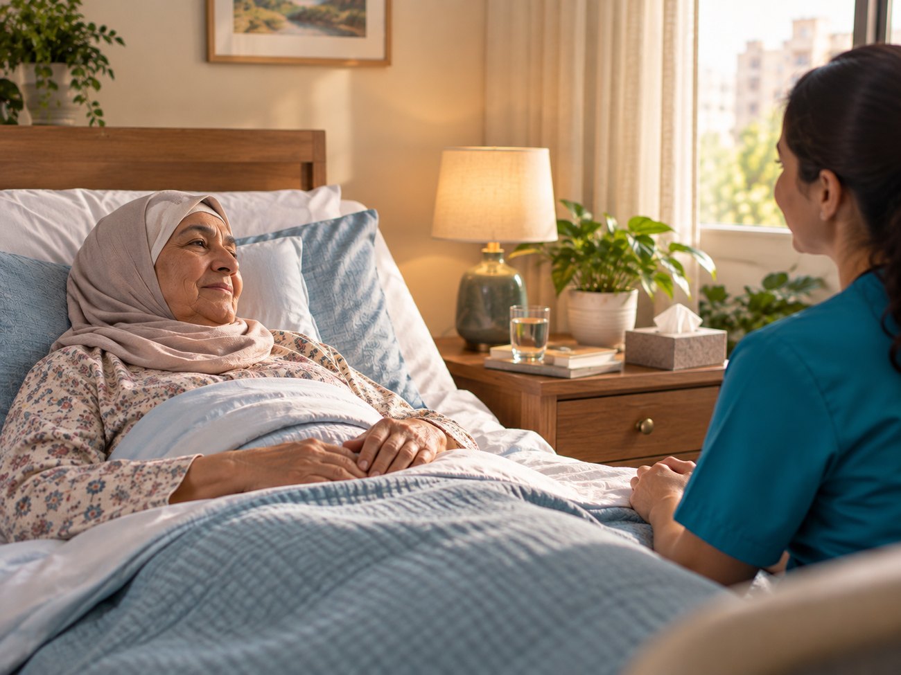 سيدة مستريحة على سريرها داخل غرفة منزلية وممرضة تجلس بجوارها ضمن خدمة العناية المركزة بالمنزل