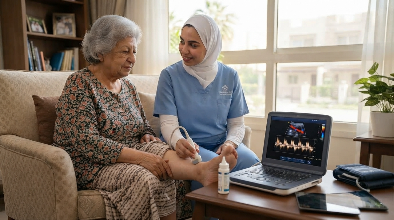 فنية تجري دوبلر على ساق سيدة مسنة وشاشة الجهاز تعرض الموجات - أشعة دوبلر منزلية