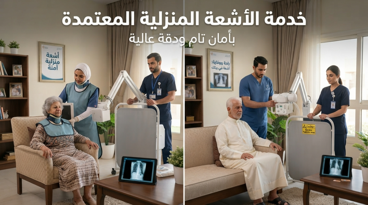 فريق أشعة يستخدم جهاز أشعة متنقل في غرفة معيشة مع كبار سن - أشعة عادية في البيت