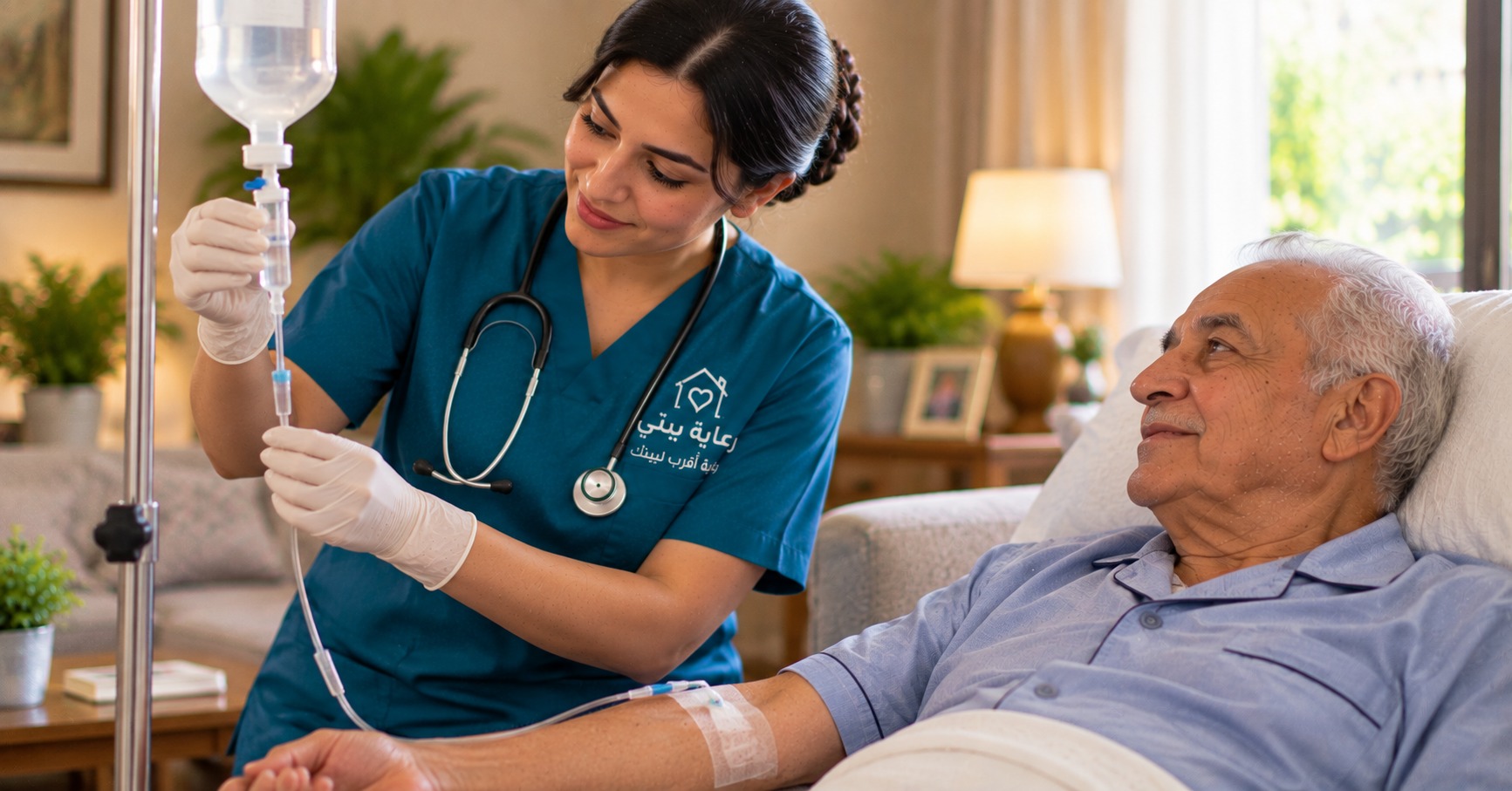 ممرضة تراقب حامل المحلول وسرعة التنقيط بجانب رجل مسن - أضرار سرعة المحلول الوريدي