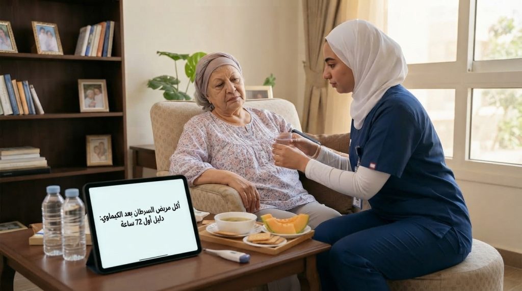 ممرضة منزلية تجلس مع مريضة بالسرطان أمام طاولة عليها جهاز لوحي - أكل مريض السرطان بعد الكيماوي