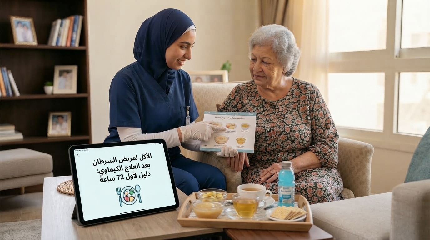 صينية طعام وشراب خفيف بجانب مريضة بالسرطان في البيت بعد جلسة الكيماوي