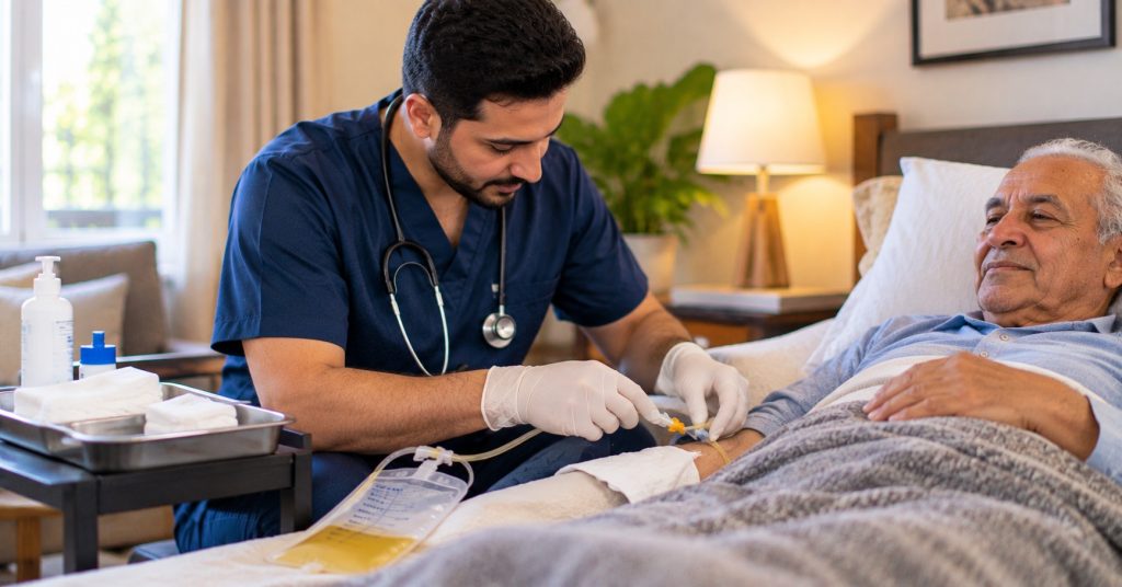ممرض منزلي بقفازات يجهز إزالة قسطرة بولية لرجل مسن في سريره - إزالة قسطرة بولية بالمنزل