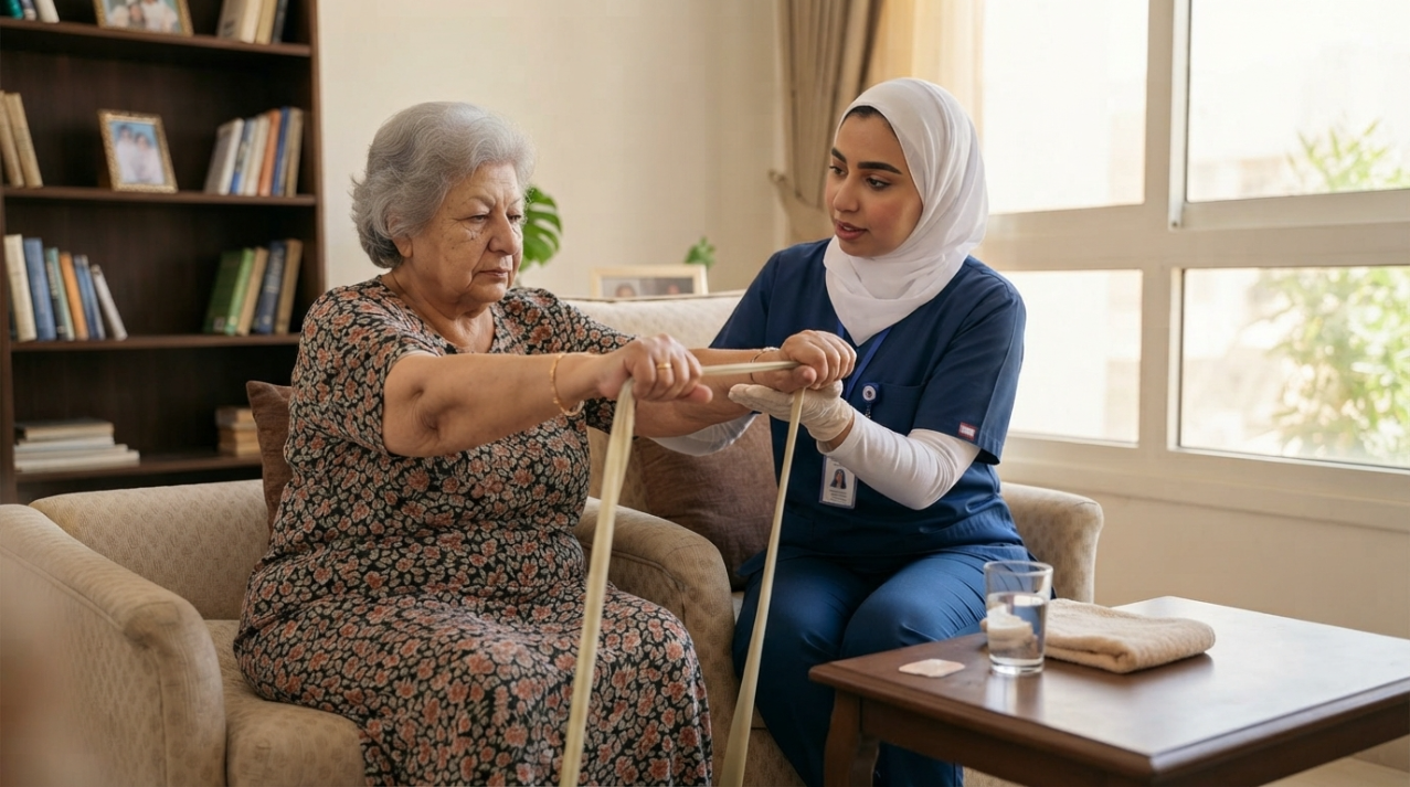 أخصائية علاج طبيعي تساعد سيدة مسنة على تمرين بشريط مطاطي - ازاي اعمل علاج طبيعي في البيت