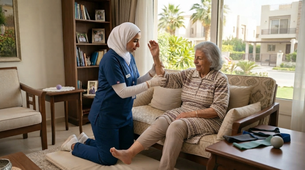أخصائية علاج طبيعي تدرب سيدة مسنة على تمرين للذراع في غرفة المعيشة - ازاي اعمل علاج طبيعي في البيت
