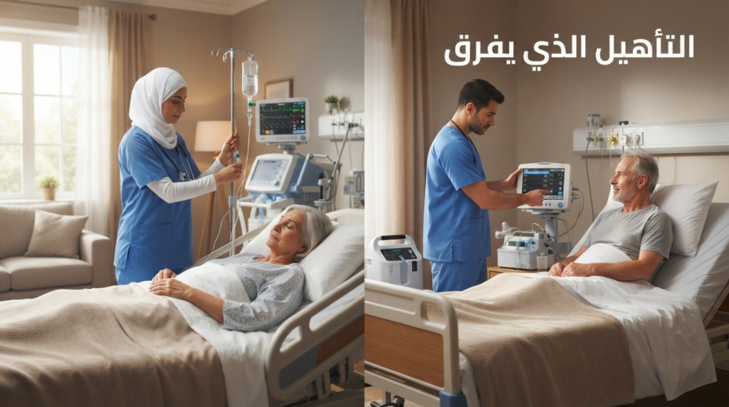 ممرضتان عناية مركزة تتابعان أجهزة مراقبة بجانب سيدة مسنة في سرير طبي بالبيت - اطلب تمريض عناية مركزة منزلي