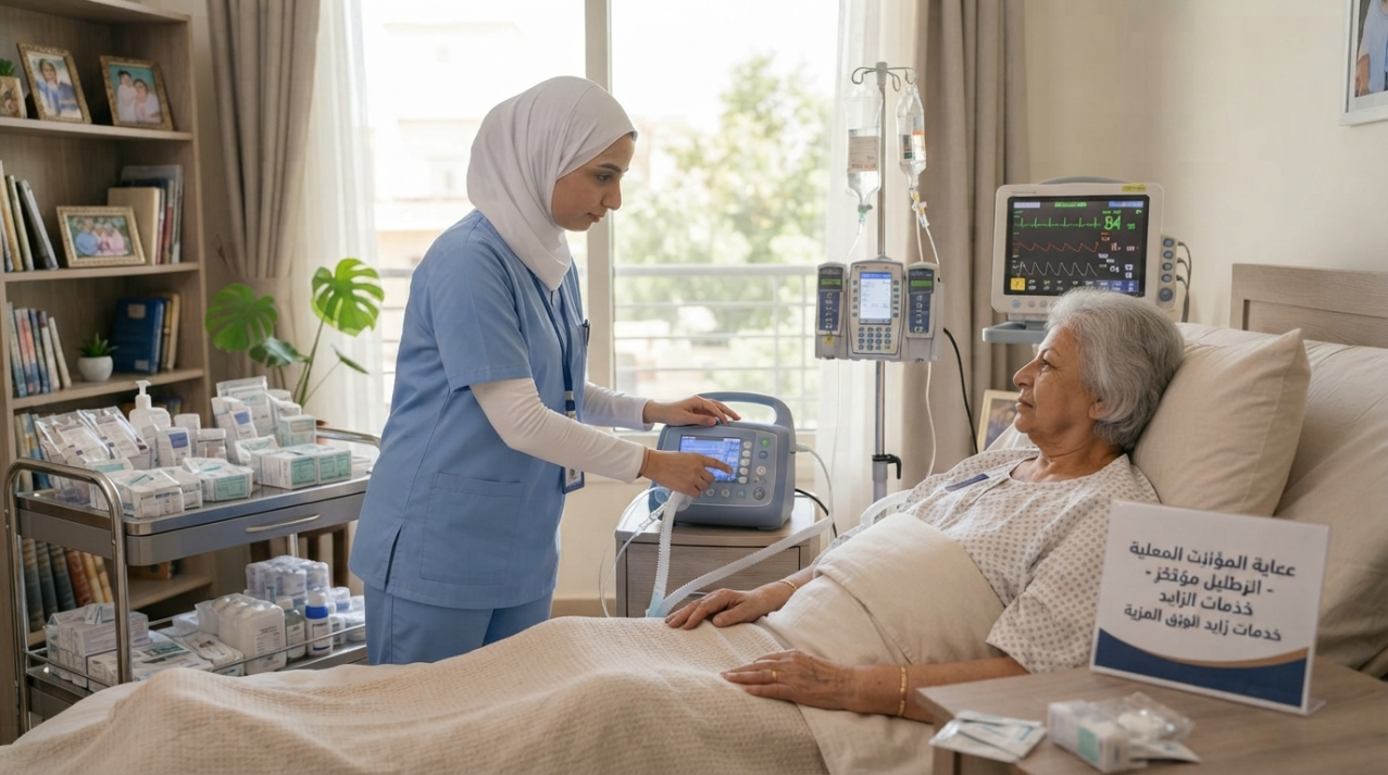 ممرضة عناية مركزة تضبط جهاز مراقبة بجانب مريضة في سرير طبي منزلي - اطلب تمريض عناية مركزة منزلي