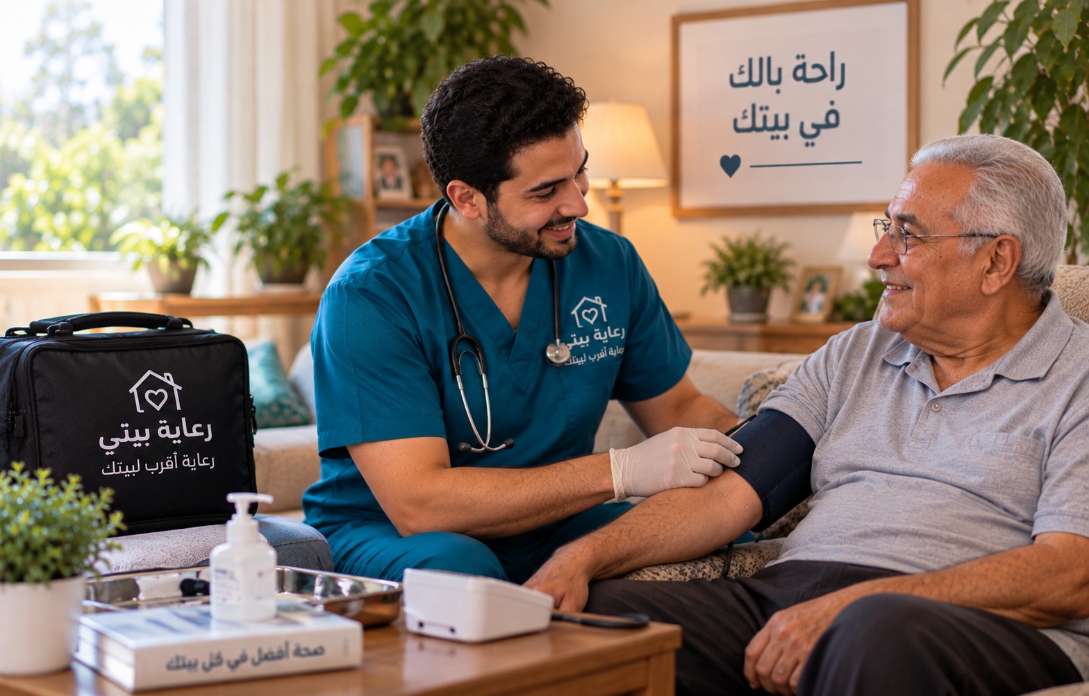ممرض منزلي يقيس ضغط رجل مسن مبتسم في بيته - اطلب خدمة تمريض منزلي