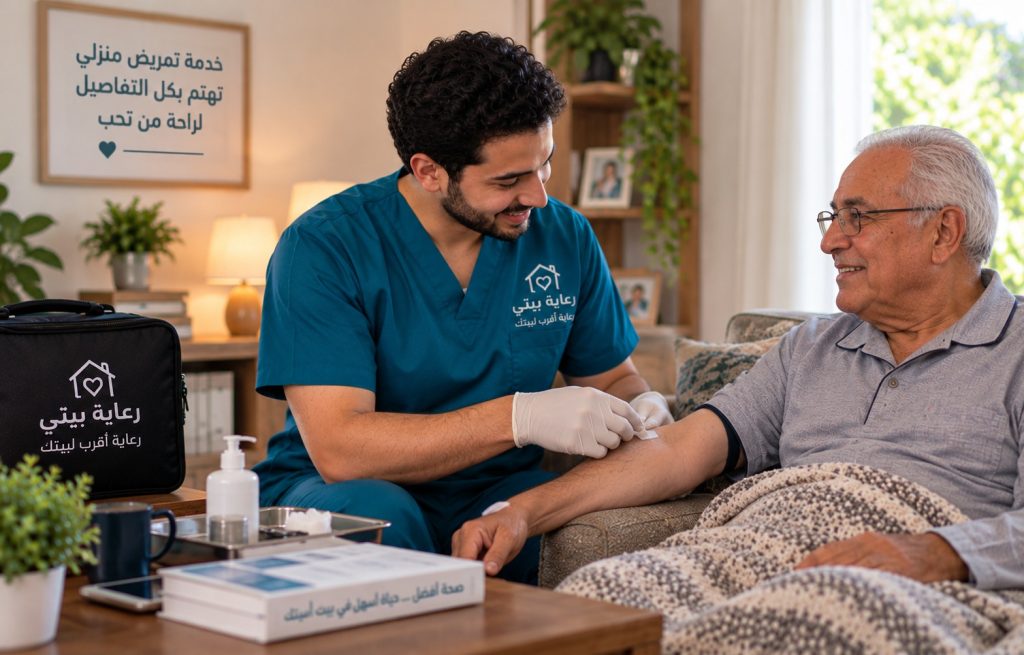 ممرض منزلي يقيس ضغط رجل مسن في غرفة المعيشة ومعه حقيبة رعاية بيتي - اطلب خدمة تمريض منزلي