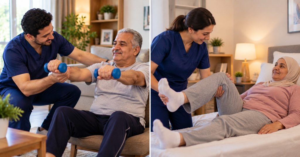 أخصائي علاج طبيعي يدرب رجلا مسنا على تمرين بالأوزان في بيته وزوجته تتابع - اطلب علاج طبيعي بالمنزل