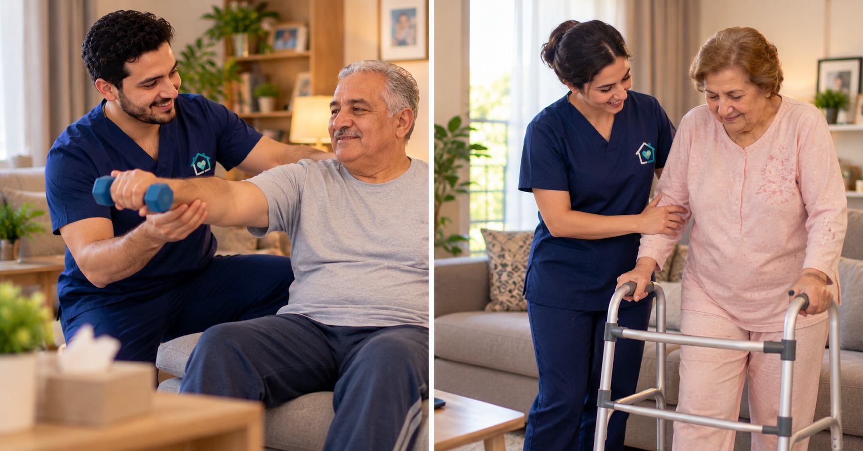 أخصائي علاج طبيعي مع رجل مسن وأخصائية تساعد سيدة مسنة على المشاية - اطلب علاج طبيعي بالمنزل