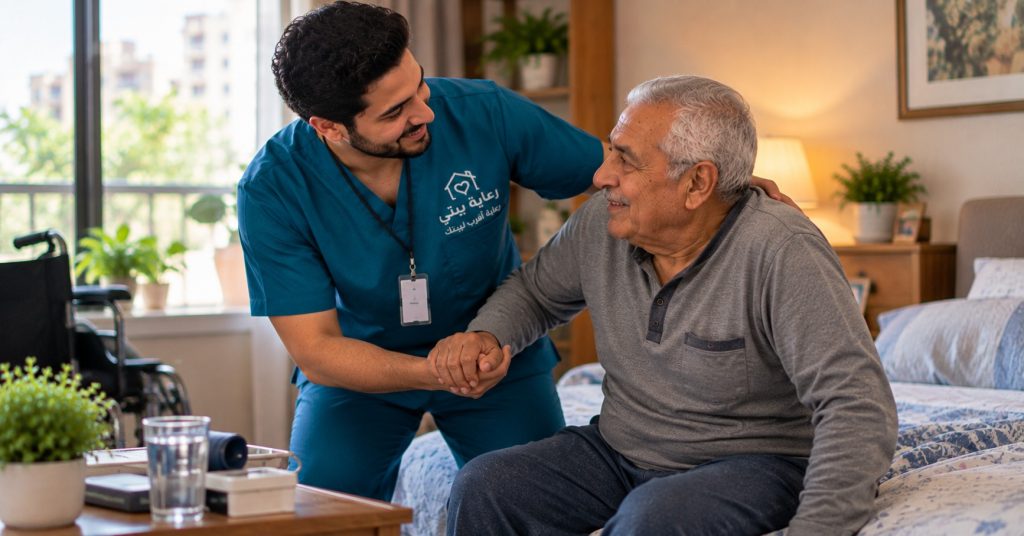 ممرض منزلي يصافح رجلا مسنا جالسا على الكنبة في بيته - اطلب ممرض منزلي