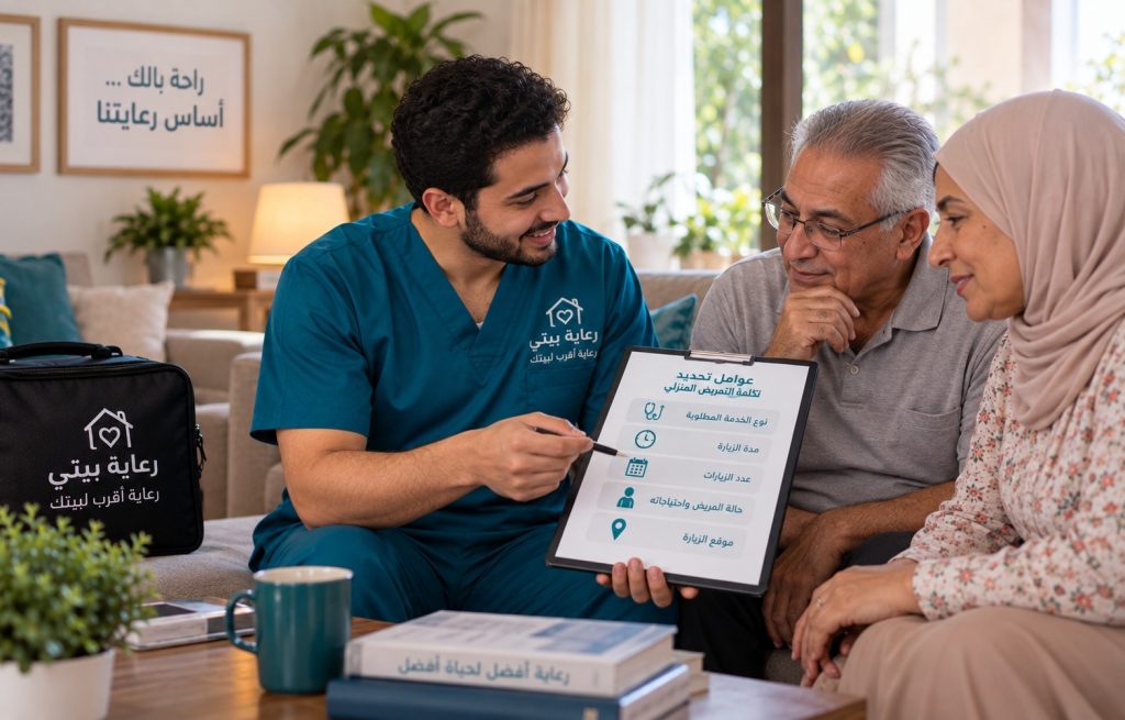 ممرض منزلي يشرح لزوجين مسنين قائمة أسعار الخدمة على لوحة - افضل اسعار التمريض المنزلي