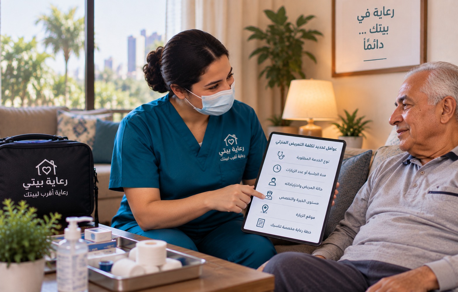 ممرضة منزلية تعرض على رجل مسن قائمة بنود التكلفة - افضل اسعار التمريض المنزلي