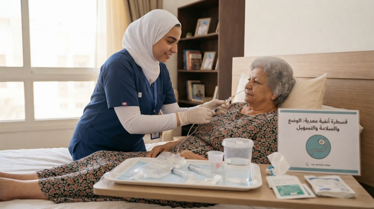 ممرضة منزلية تجهز التغذية بالأنبوب لسيدة مسنة في سريرها - التغذية بالأنابيب بالمنزل