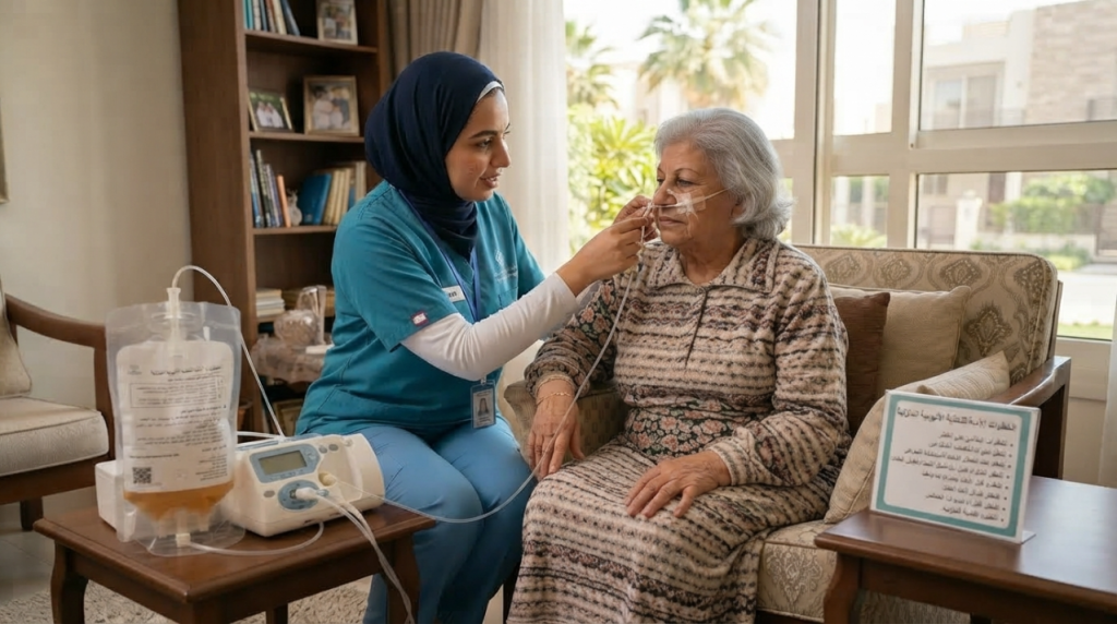 ممرضة منزلية تجلس مع سيدة مسنة وبجانبهما كيس تغذية أنبوبية - التغذية بالأنابيب بالمنزل