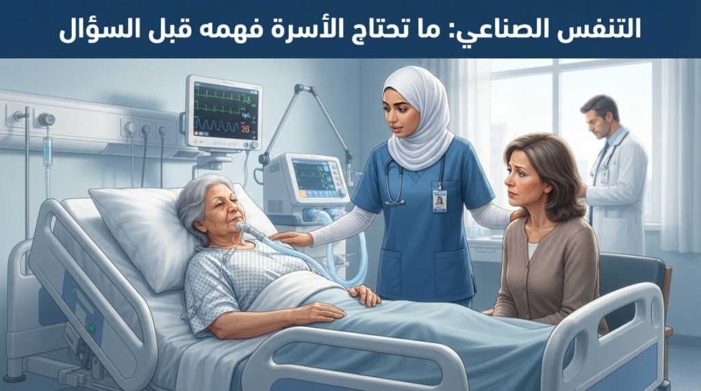 رسم توضيحي لممرضة بجانب مريضة على جهاز تنفس صناعي وابنتها بجانبها - التنفس الصناعي