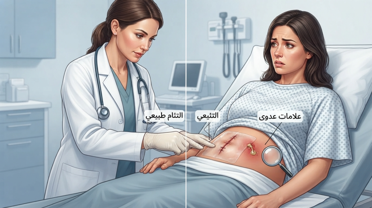 رسم توضيحي لطبيبة تفحص جرح عملية مع تسميات لعلامات الالتهاب - التهاب جرح العملية
