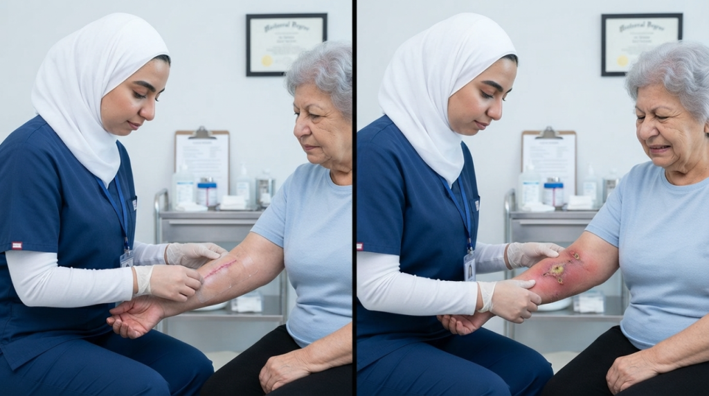 ممرضة منزلية تفحص جرح عملية في ذراع سيدة مسنة وتقارن الالتئام الطبيعي بالالتهاب - التهاب جرح العملية