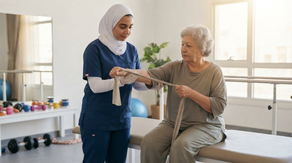 أخصائية علاج طبيعي تدرب سيدة مسنة على تمرين بشريط مطاطي في صالة تمارين منزلية - العلاج الطبيعي