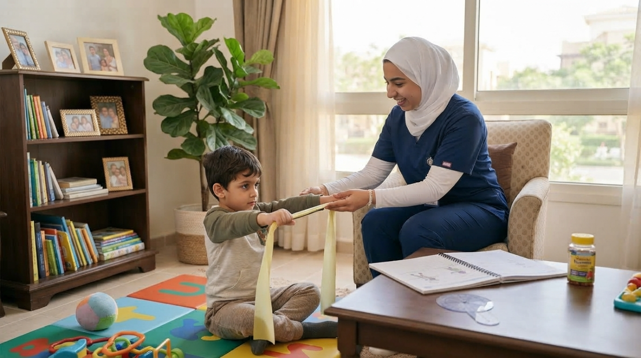 أخصائية علاج طبيعي تجلس على الأرض مع طفل أثناء تمرين في البيت - العلاج الطبيعي للأطفال