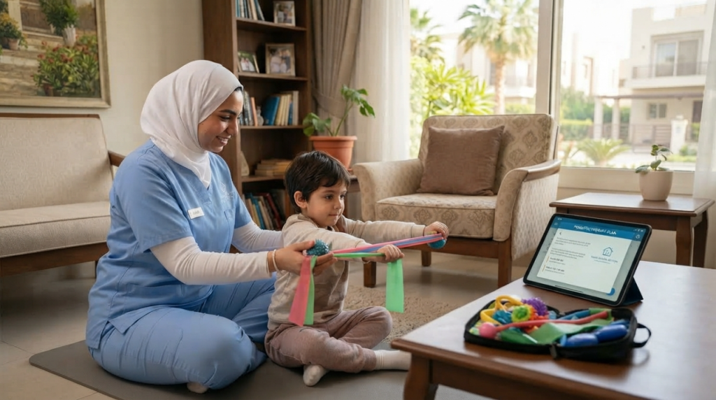 أخصائية علاج طبيعي تدرب طفلا على تمرين بشريط مطاطي في بيته - العلاج الطبيعي للأطفال