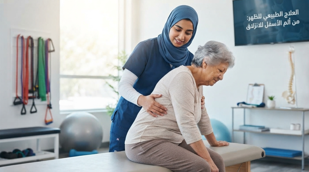 أخصائية علاج طبيعي تسند ظهر سيدة مسنة أثناء تمرين إطالة - العلاج الطبيعي للظهر