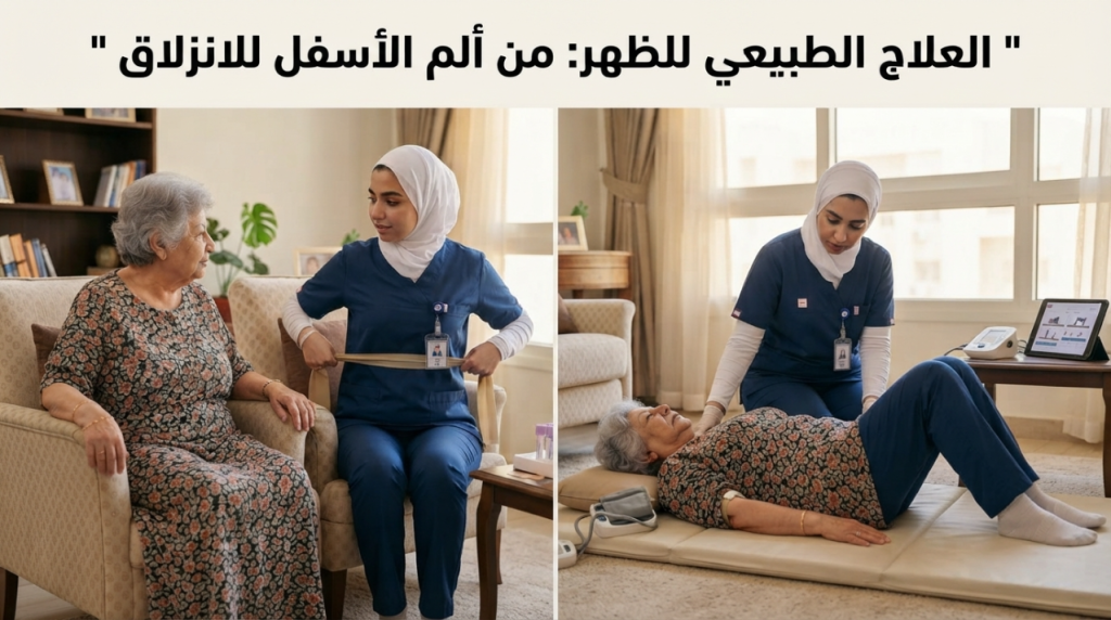 أخصائية علاج طبيعي تساعد سيدة مسنة على تمرين للظهر مع عبارة العلاج الطبيعي للظهر - العلاج الطبيعي للظهر