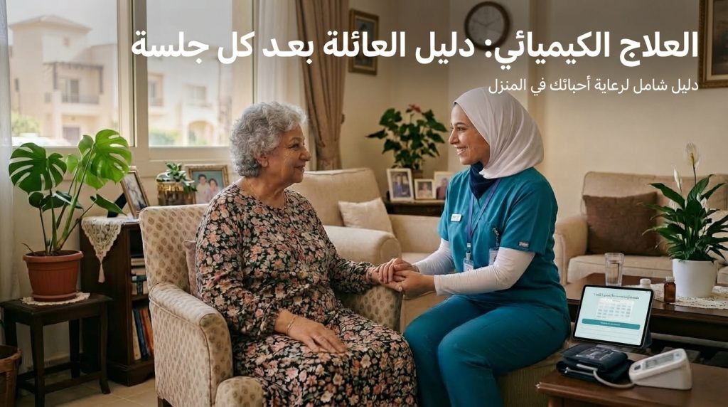 بطاقة عنوان مقال العلاج الكيماوي دليل الأسرة بعد كل جلسة مع ممرضة ومريضة بالمنزل