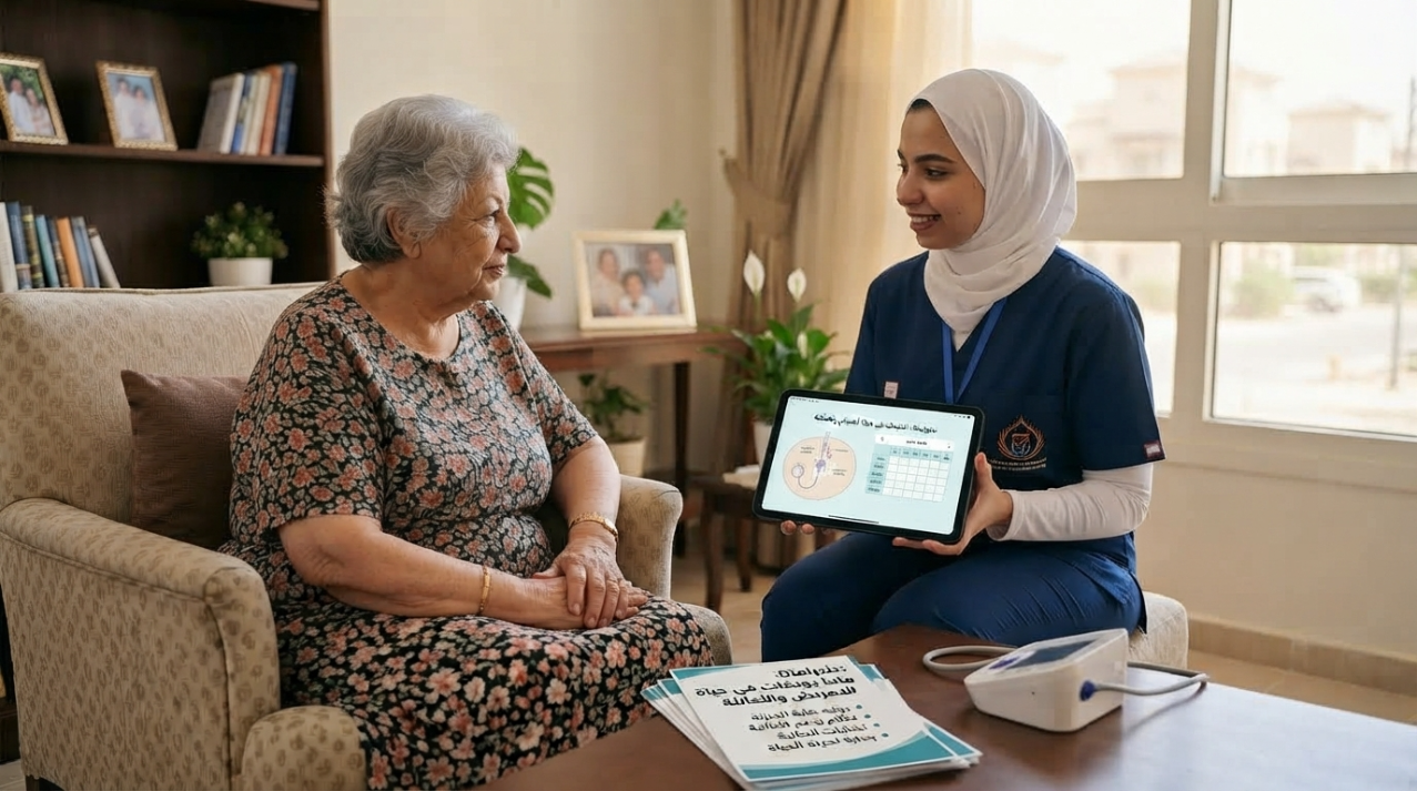 ممرضة منزلية تشرح لسيدة مسنة خطة المتابعة على جهاز لوحي - الغسيل الكلوي