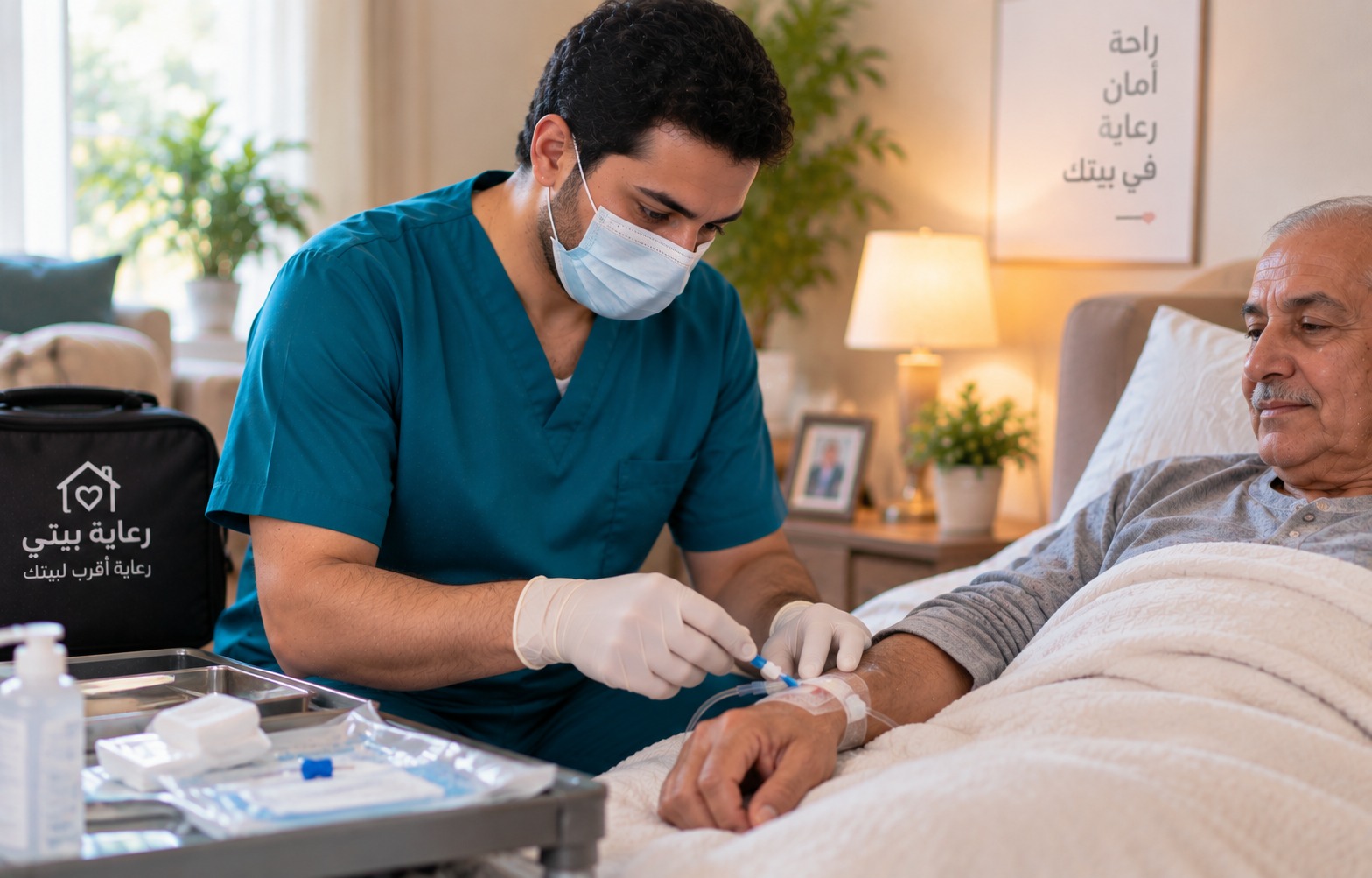 ممرض منزلي يجهز كانيولا لرجل مسن في البيت - الكانيولا