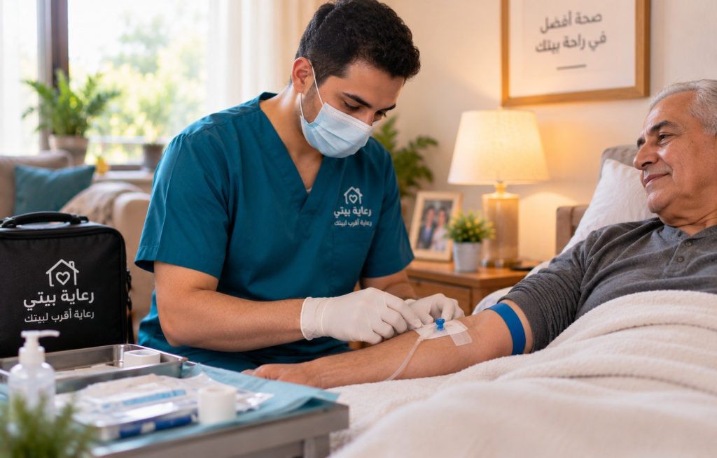 ممرض منزلي بكمامة يركب كانيولا في يد رجل مسن في سريره - الكانيولا