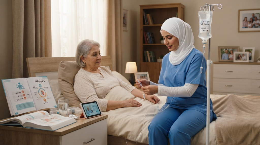 ممرضة منزلية تشرح لسيدة مسنة أنواع المحاليل الوريدية على جهاز لوحي بجانب حامل المحلول - المحلول الوريدي