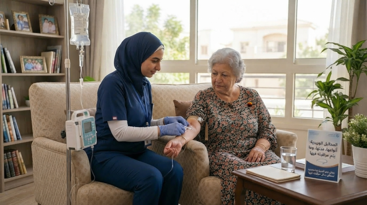 ممرضة منزلية تركب محلولا وريديا لسيدة مسنة جالسة في بيتها - المحلول الوريدي