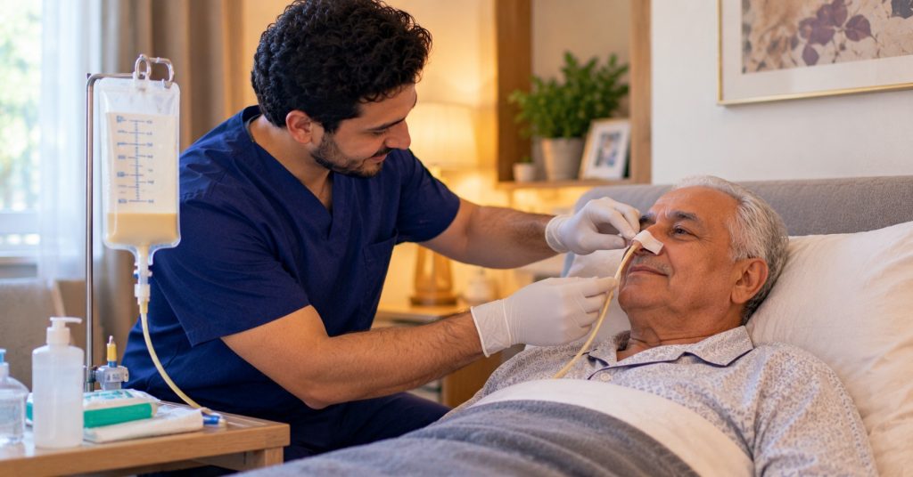 ممرض منزلي يثبت أنبوبة رايل لرجل مسن في سريره بالبيت - تركيب أنبوبة رايل بالمنزل
