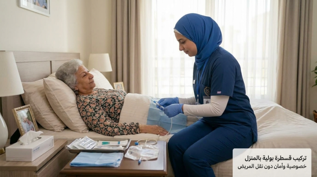 ممرضة منزلية تجهز أدوات تركيب قسطرة بولية لسيدة مسنة في سريرها بالبيت - تركيب قسطرة بولية بالمنزل