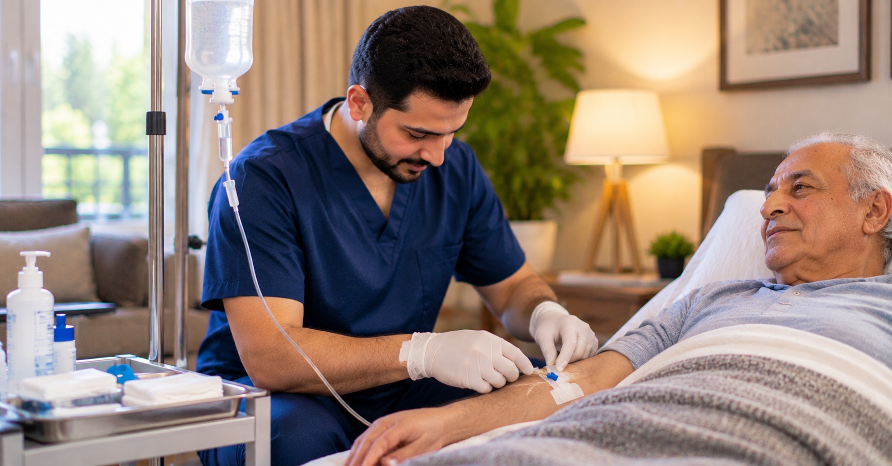 ممرض منزلي يجهز أدوات تركيب المحلول على طاولة بجانب رجل مسن - تركيب محلول في البيت