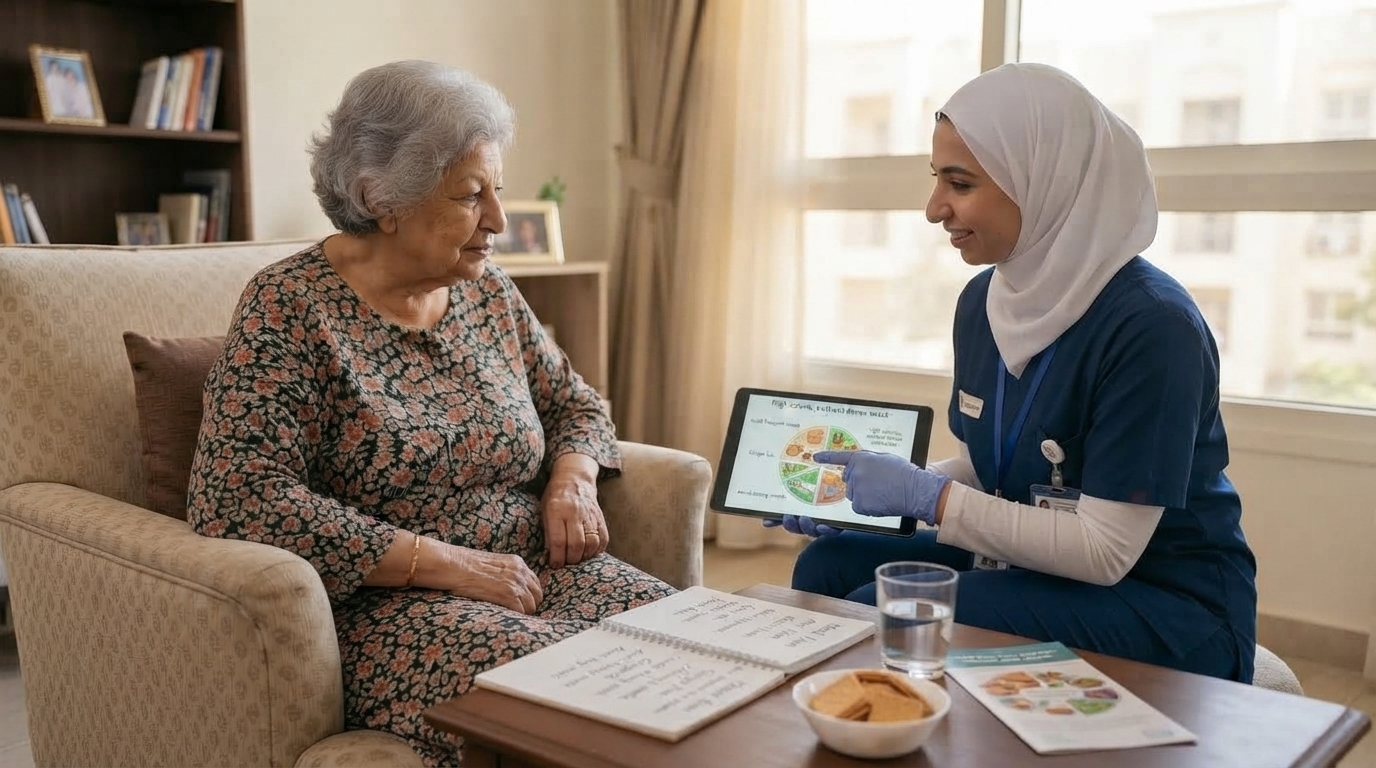 طاولة عليها ماء وطعام خفيف بجانب ممرضة منزلية ومريضة بالسرطان في البيت