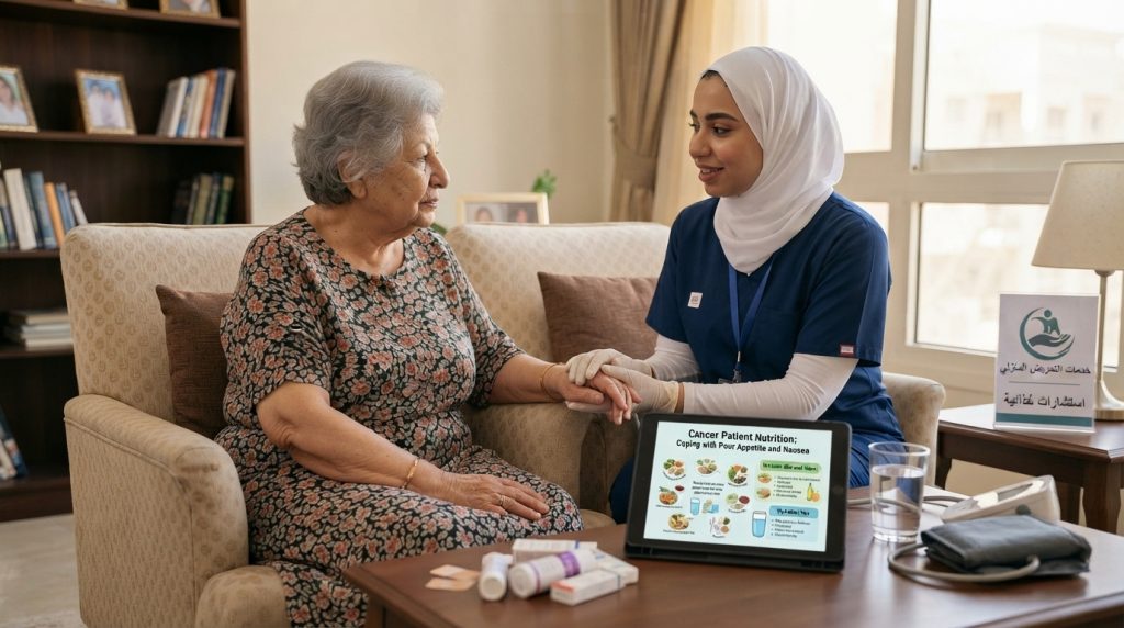 ممرضة منزلية تجلس مع مريضتين بالسرطان أمام جهاز لوحي وطاولة طعام - تغذية مريض السرطان
