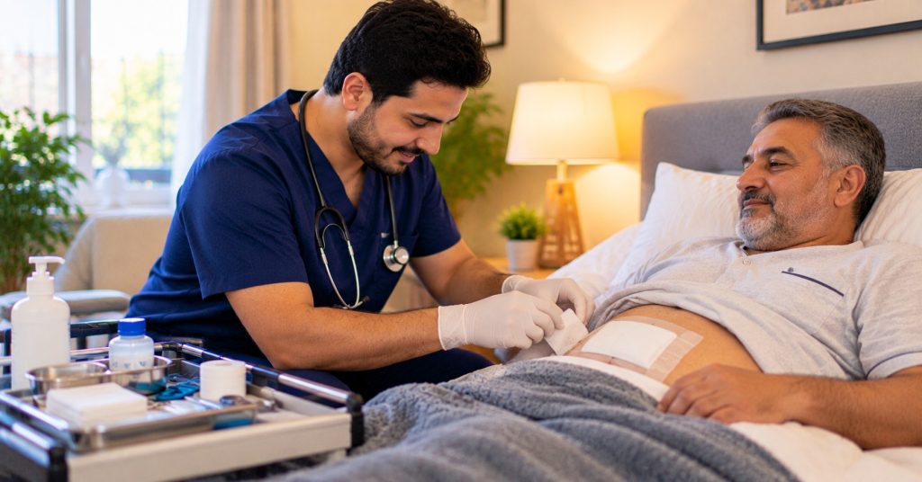 ممرض منزلي يغير على جرح بطن رجل مسن في سريره بعد العملية - تمريض بعد العمليات