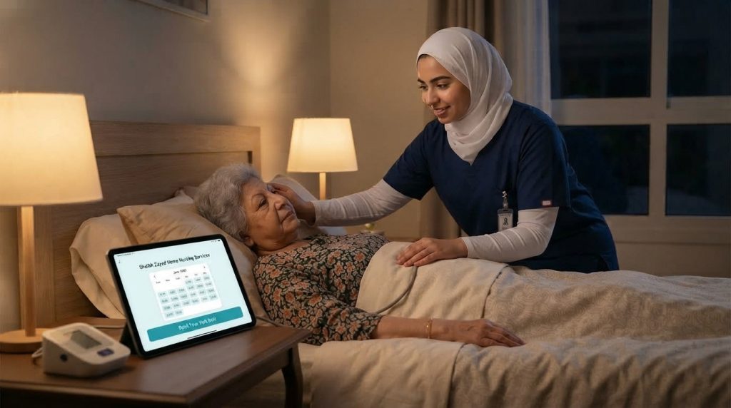 ممرضة منزلية تتابع حالة مريض في نوبة ليلية ضمن خدمة تمريض ليلي بالمنزل