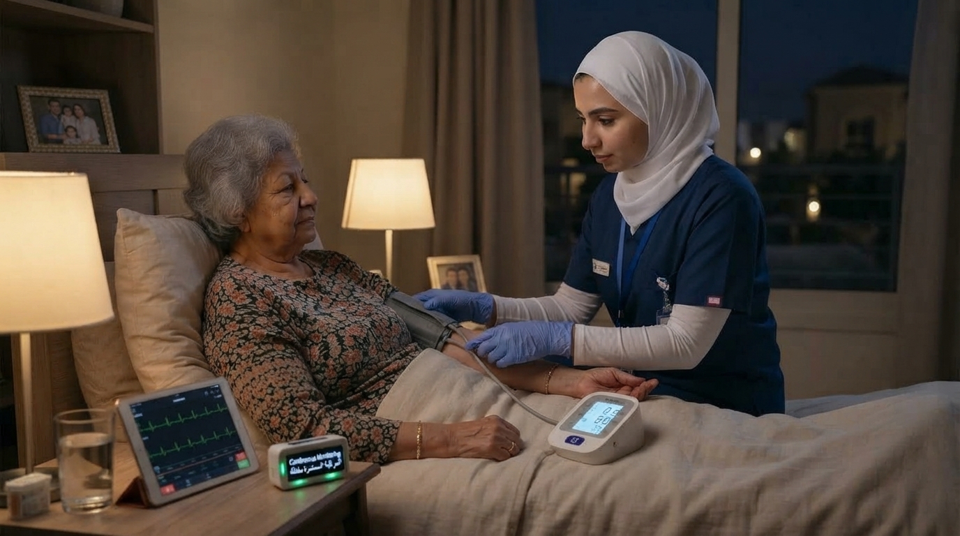 ممرضة منزلية تتابع مريض أثناء الليل - تمريض ليلي بالمنزل