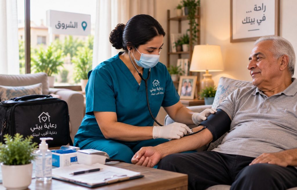 ممرضة منزلية تركب كانيولا لرجل مسن في شقة بمدينة الشروق - تمريض منزلي الشروق