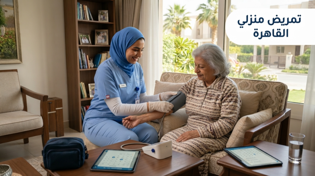 ممرضة منزلية تقيس ضغط سيدة مسنة مع عبارة تمريض منزلي القاهرة - تمريض منزلي القاهرة