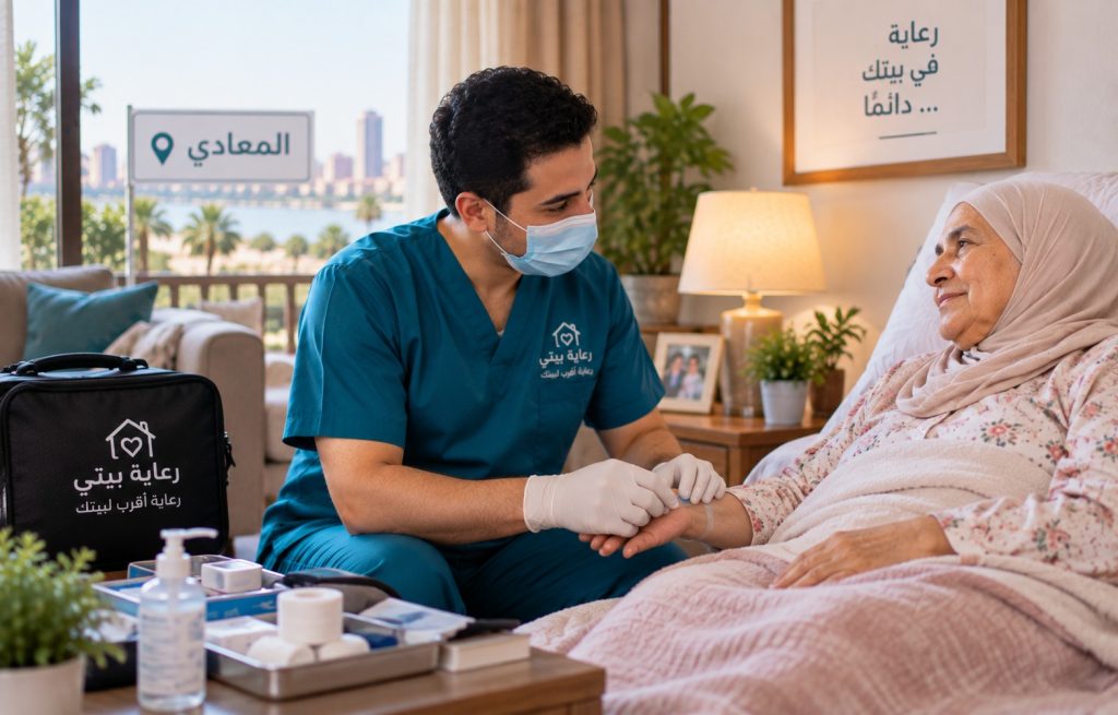ممرض منزلي يمسك يد سيدة مسنة في سريرها في شقة بالمعادي - تمريض منزلي المعادي