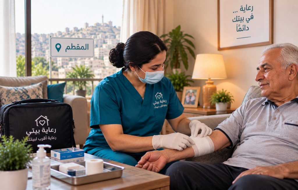 ممرضة منزلية تقيس ضغط رجل مسن في شقة بالمقطم - تمريض منزلي المقطم