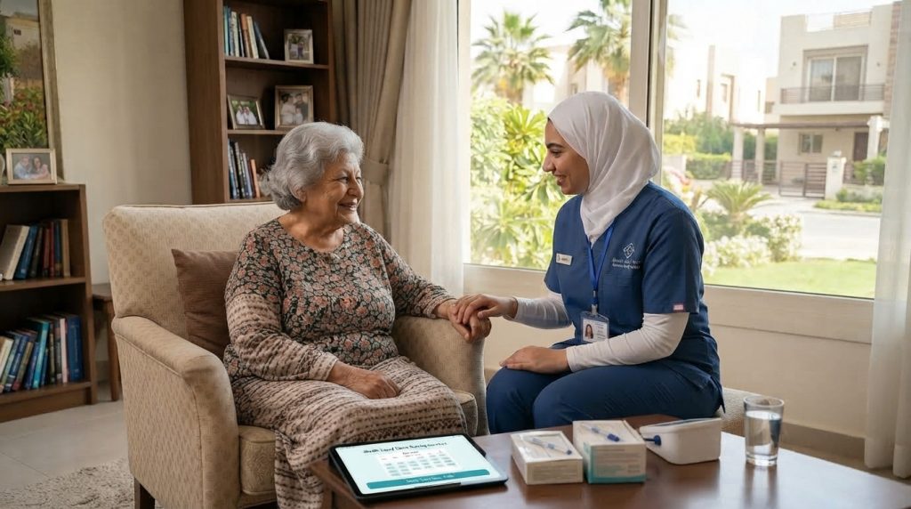 ممرضة منزلية توصل لعنوان أسرة في المهندسين ضمن خدمة تمريض منزلي المهندسين